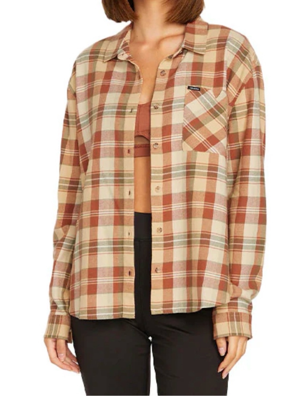 Volcom Women’s Plaid to Meet You Button-Up Shirt Size XL in Brown/Rust hues